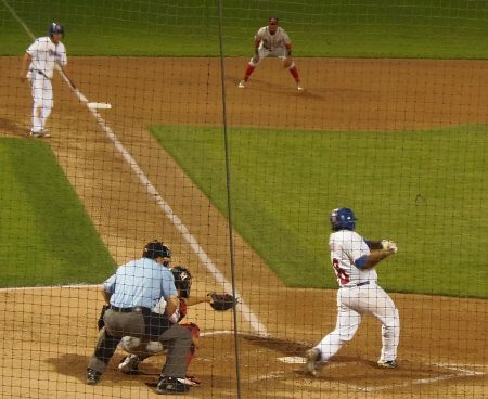 Sebastien Boucher smacks one of his record-setting hits through the infield against Trois- Rivieres.
